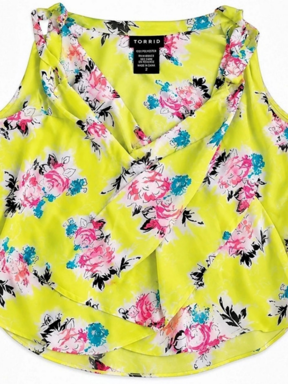 Torrid Women's Size 2 Yellow Floral Sleeveless Wrap Blouse V Neck Plus Size Top